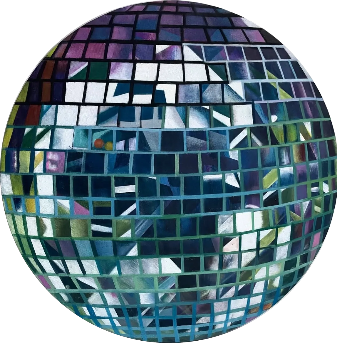 A round canvas depicting a reflective disco ball.