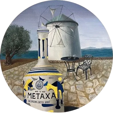 A circular composition with a windmill, a table and a Metaxa container.