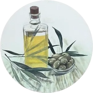 A bottle of olive oil, olives and foliage on a circular canvas.