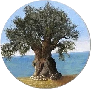 An olive tree beside blue water on a circular canvas.