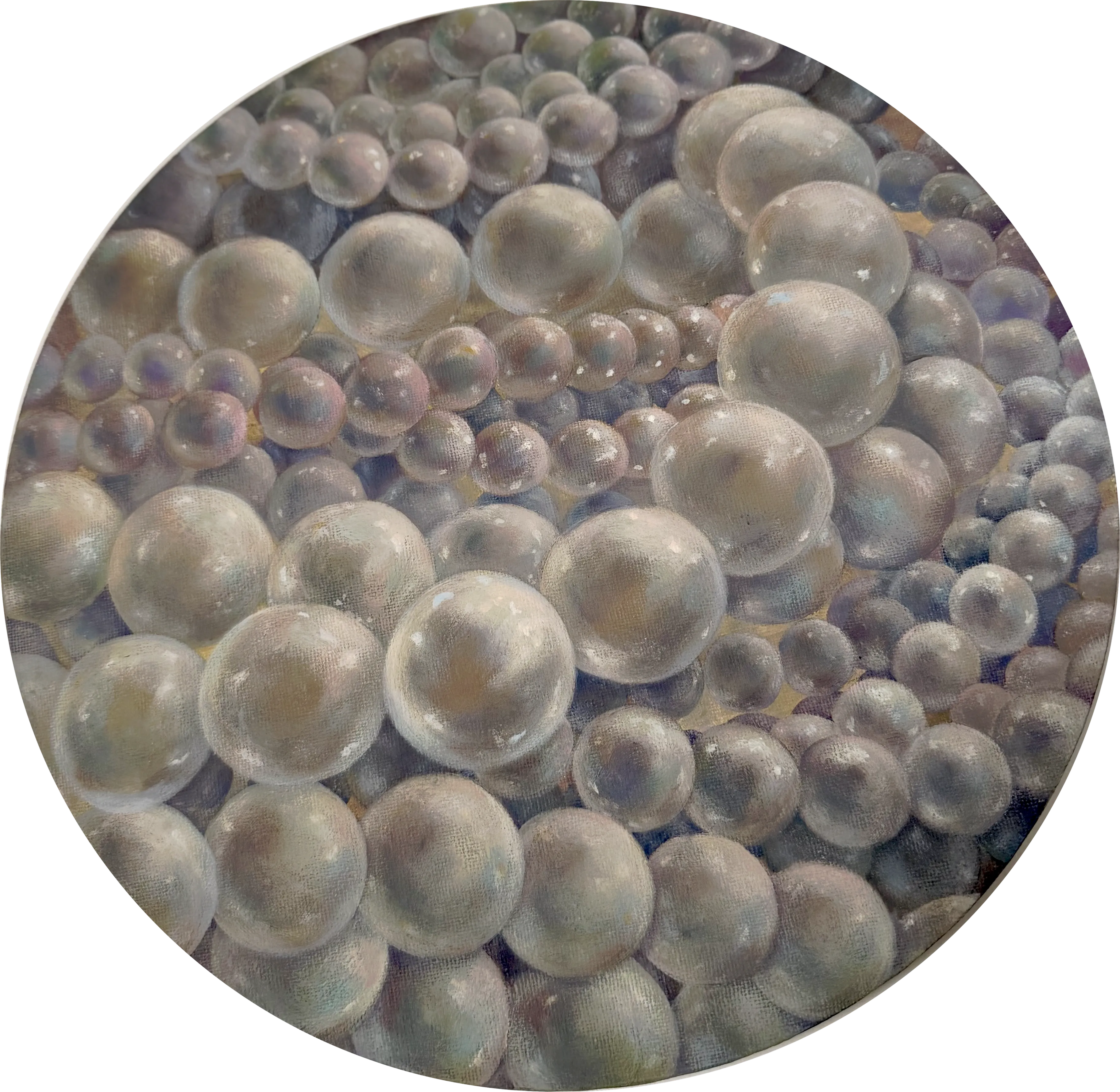 A circular painting filled with luminous white pearls of different sizes against subtle blue and violet tones.