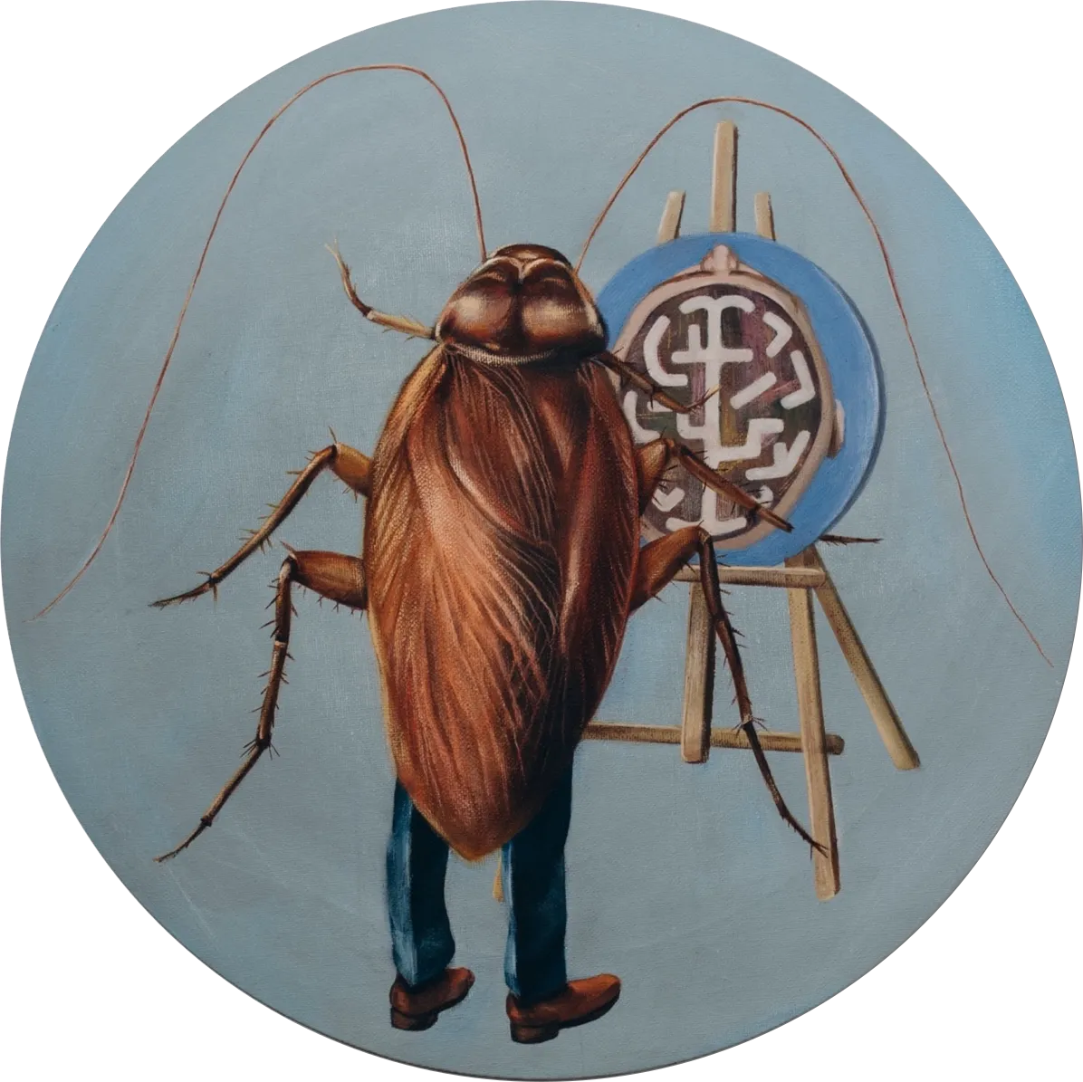 A circular painting of a cockroach with human legs painting a labyrinth-filled head on an easel against a pale blue background.
