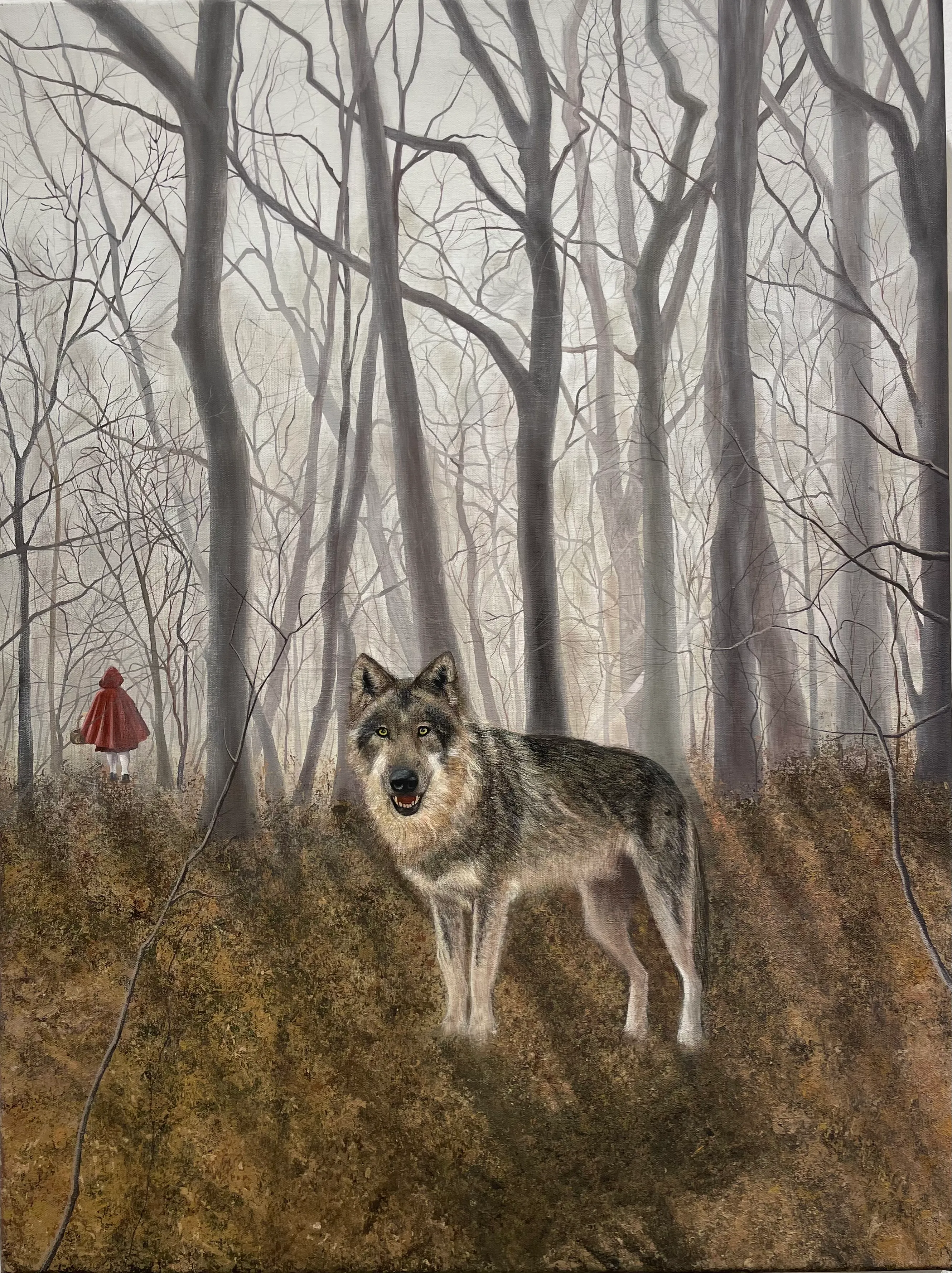 A wolf in a forest with a small red-cloaked figure in the background.
