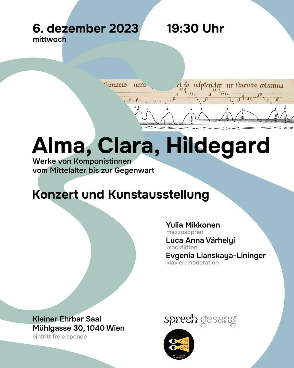 Alma, Clara, Hildegard concert and art exhibition poster, 6 December 2023, Kleiner Ehrbar Saal, Vienna.